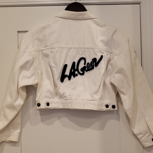Vintage LA Gear CROP Denim Jacket White with Shoulder Pads BNWOT M - Picture 3 of 9